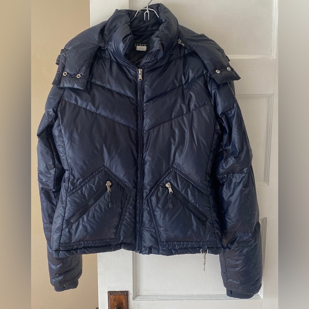 J CREW Hooded Puffer Jacket In Navy Blue Size M